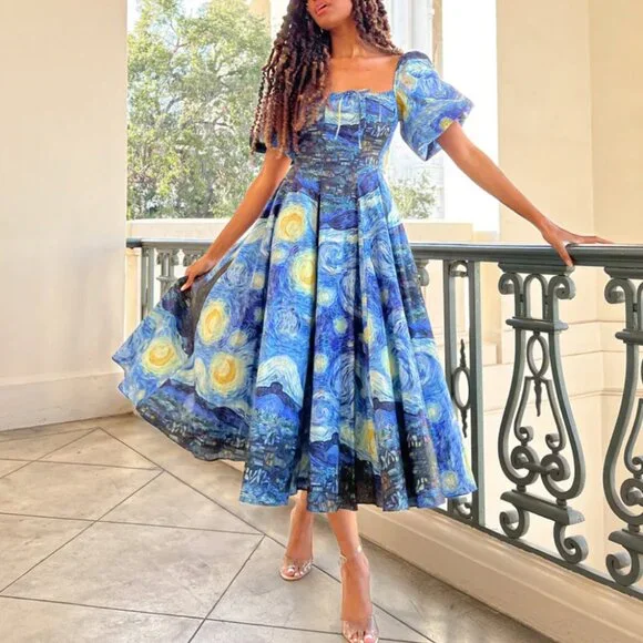 BEST Selkie The Starry Night Day Midi Dress Navy Van Gogh Masterpiece Medium - Picture 4 of 14